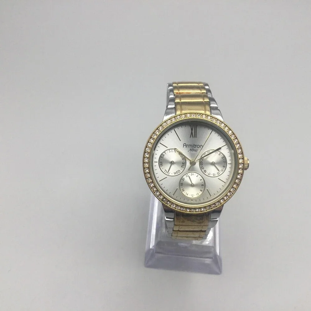 Armitron Now Womens Watch 34mm Two Tone Crystals Day Date New Battery 6.5